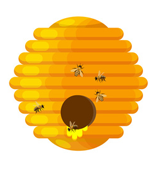A beehive with bees flying around it.